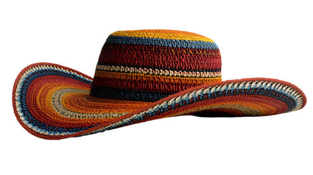 A straw Mexican sombrero hat with colorful stitching is isolated on a white background