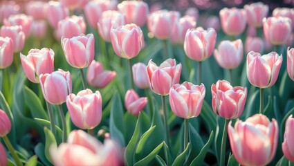 Obraz premium Pink tulips in full bloom with green leaves, vibrant and fresh, creating a beautiful floral scene.