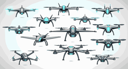 Collection of futuristic drones in various designs and shapes displayed on a neutral background art