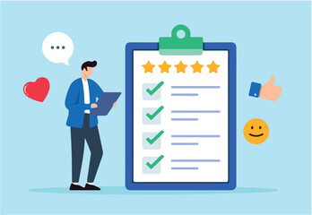 Flat illustration of man hold survey on clipboard symbolizing customer feedback collection and improvement