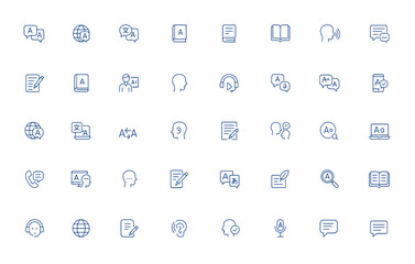 Language icon set with editable stroke – communication, education, learning, conversation, study concepts. Vector illustration, speech, dialogue, literacy, teaching, message and more.