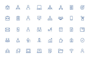 Editable line icons for office and business featuring teamwork, corporation, employees, meetings, personal computer, staff, contracts, email, smartphone, handshake, documents and more.