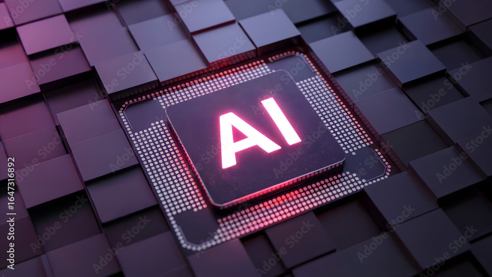 Aufkleber glowing ai chip on a dark textured surface with small squares and a modern tech feel to the image