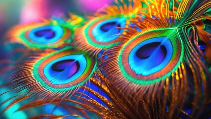Obraz premium Brightly colored peacock feathers with vivid blue, green, orange, and gold hues showcasing intricate patterns and eye-like designs.