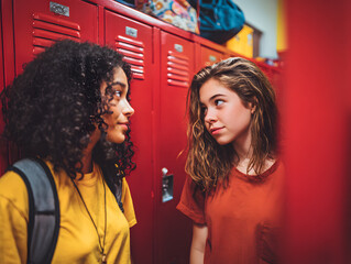 Two diverse teenage girls share a moment of connection and friendship at school lockers