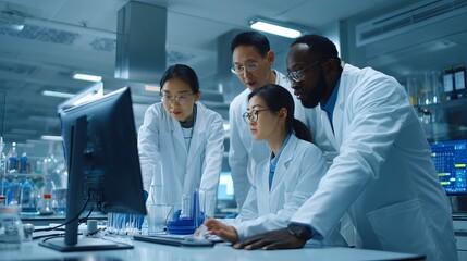 Two women and two men in lab coats collaborate on research in a modern laboratory.