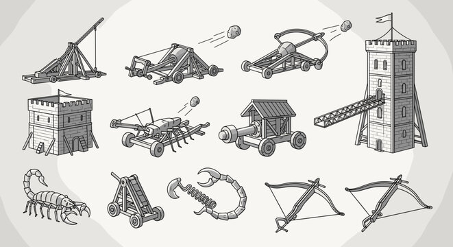 Illustration of medieval siege weapons including catapults, ballistae, scorpions and towers on white background