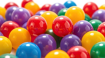 Close-up of multicolored plastic balls arranged neatly in a pile, isolated on a white background with high contrast