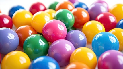 Close-up of multicolored plastic balls arranged neatly in a pile, isolated on a white background with high contrast