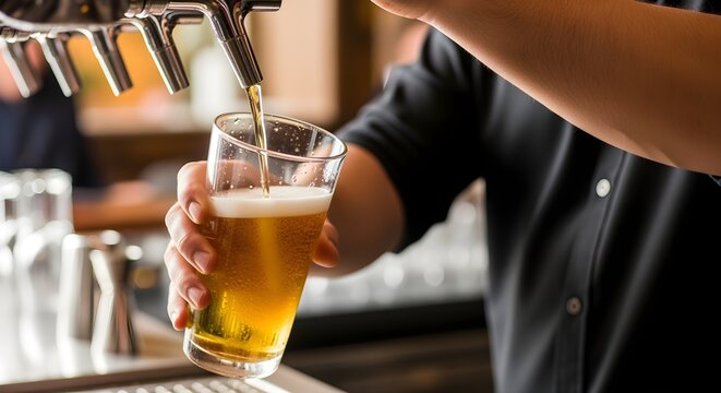 "Bartender pouring draft beer into a chilled glass, shallow depth of field"
