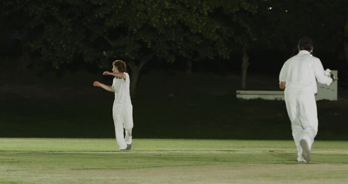 Diving on cricket pitch after shot, male cricketers grabbing ball racing stumps celebrating wicket