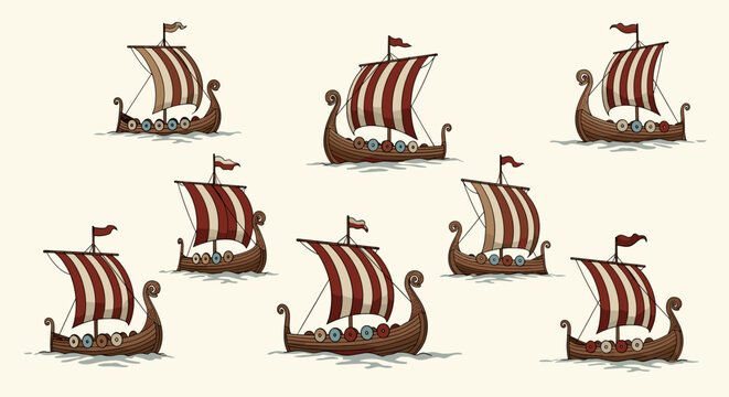 Fototapeta Illustration showing a pattern of viking ships sailing on water with striped sails and shields visible