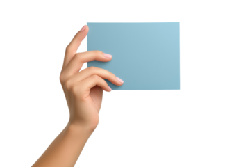 woman holding a blank rectangular piece of brown paper isolated on white or transparent background.PNG