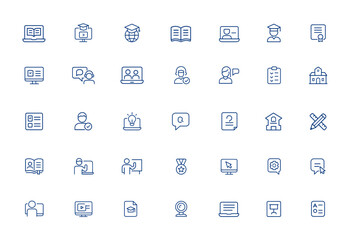 Online learning and e-learning icon pack for study, training, remote education, personal computer, video tutorial, teacher, student, graduation, qualification, chat, exam, school and more.
