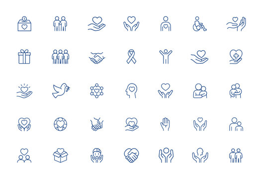 Charity donation icon with support and assistance symbols — volunteers, caring hands, welfare, heart, people, cooperation, ribbon, handshake, wheelchair, gift, peace, network and more.