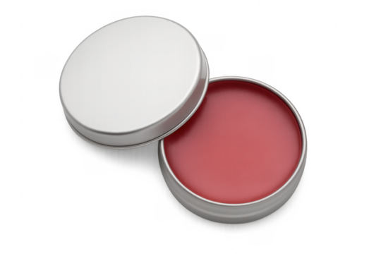 Open round tin container showing red lip balm on transparent background