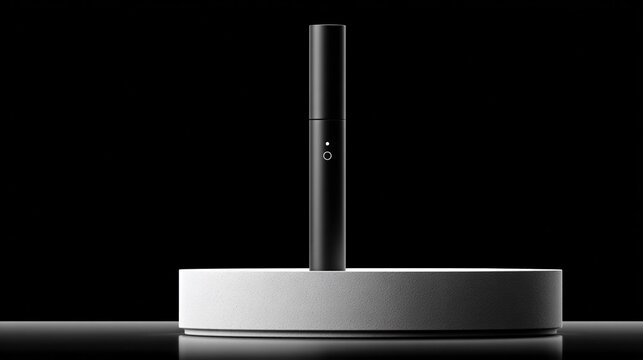 Dispositivo elettronico moderno per il vaping su una base di ricarica minimalista su sfondo nero.