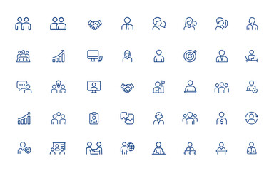 Editable business and work icon collection teamwork, corporation, handshake, employee, meeting, marketing, office, interview, cooperation, success, personal computer, staff and more.