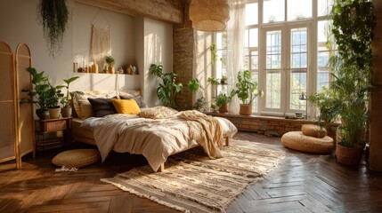 Bright boho bedroom with textured rugs and potted plants on wooden floor