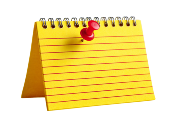 Yellow spiral notebook with red pin isolated on transparent background