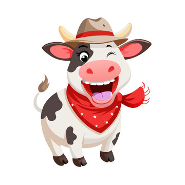 Happy cow wearing a hat and bandana.
