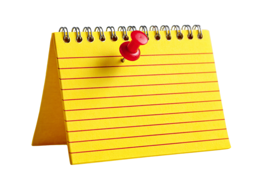 Yellow spiral notebook with red pin isolated on transparent background