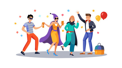 Fototapeta premium Four people in costumes, dancing and celebrating. 
