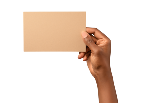 Man holding a blank rectangular piece of brown paper isolated on white or transparent background - Powered by Adobe