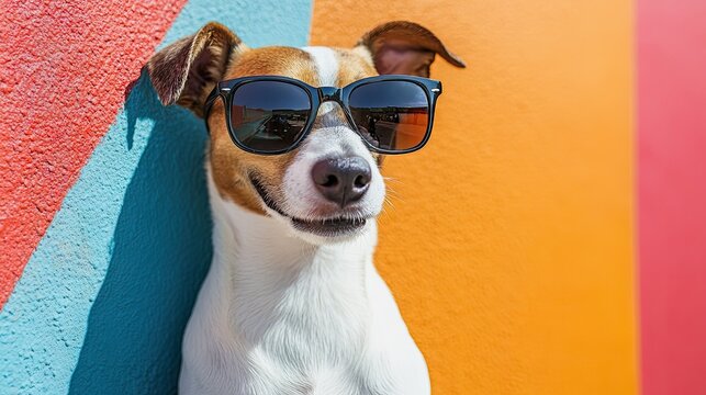Confident dog with sleek designer sunglasses, photographed against a colorful wall for a modern, chic vibe