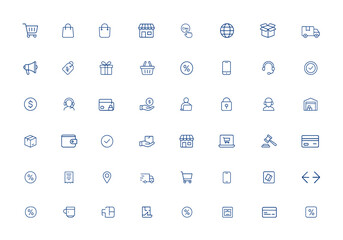 Editable e-commerce shopping icon pack for online store, cart, payment, discount, delivery, auction, coupon, mobile, webshop, business, shipping, credit card, purchase, smart device and more.