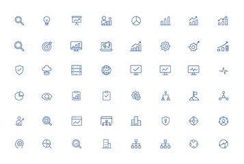 Editable analytics icon pack: business analysis, marketing, statistics, data chart, technology, finance, security, cloud database, network server, global performance, monitoring and more.