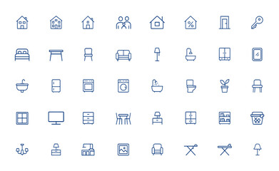 Editable icon collection for home furniture, appliances, and lifestyle—property, apartment, house, family, rental, condo, detached, room, lighting, key, table, chair, couch, mirror, window and more.