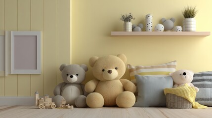 Bright childrenâ€™s bedroom with pastel yellow walls and plush toys