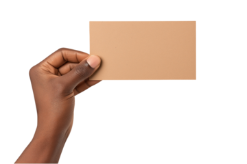 Man holding a blank rectangular piece of brown paper isolated on white or transparent background