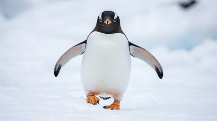 Fototapeta premium Curious penguin walking across snow-covered ground, looking directly at the camera with a playful expression
