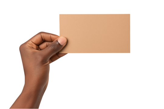 Man holding a blank rectangular piece of brown paper isolated on white or transparent background
