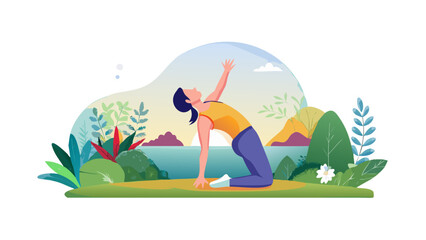 Woman practicing yoga, serene coastal setting.
