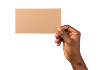 Man holding a blank rectangular piece of brown paper isolated on white or transparent background