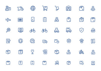 Shipping and delivery icon pack featuring courier service, transport, logistics, shopping cart, baggage, warehouse, truck, airplane, barcode, smartphone, order, map, overseas and more.