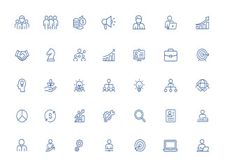 Editable stroke vector business and management icon set with leadership, teamwork, finance, marketing, communication, startup, cooperation, strategy, remote work, presentation and more.