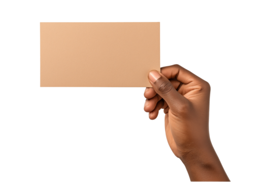 Man holding a blank rectangular piece of brown paper isolated on white or transparent background