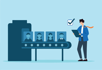 Flat illustration of human resource manager reviewing candidate profile files on conveyor belt during automated recruitment process and checklist screening for hiring selection