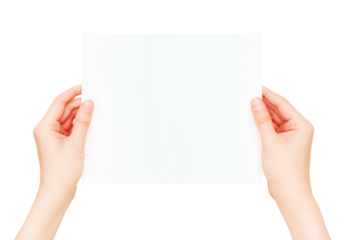 Hands holding trifold empty brochure, slightly folded, isolated PNG