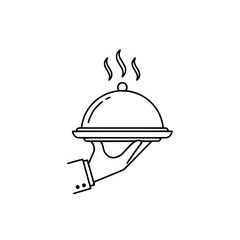 Fototapeta premium Hand holding a covered dish with rising steam lines minimalist icon on transparent background 