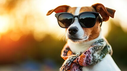 Dog with trendy black sunglasses and a stylish scarf, posing against a bright summer backdrop