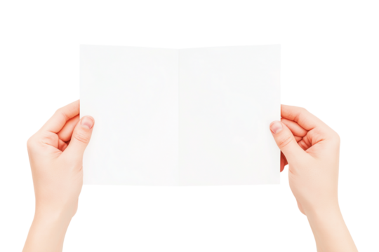 Hands holding trifold empty brochure, slightly folded, isolated PNG