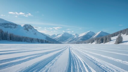 Obraz premium Snow-covered landscape with tracks, mountains in the background, clear blue sky, winter scenery.