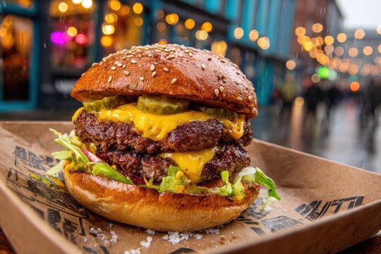 A mouthwatering double cheeseburger with melted cheese and pickles, displayed against a vibrant bokeh background with sesame seeds on a shiny bun. - Powered by Adobe