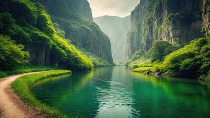 Lush green canyon landscape with a river flowing through, surrounded by towering cliffs and vibrant foliage. Scenic nature scenery with water and greenery.