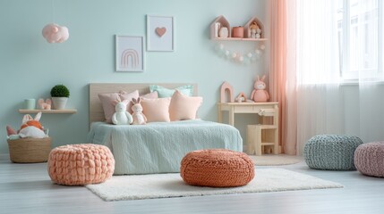 Bright childâ€™s bedroom with pastel decor and stuffed animals on bed